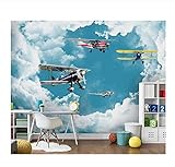 Gcbpwh Tapeziertisch Tapeten Wohnkultur Moderner Mediterraner Blauer Himmel Und Weiße Wolken Flugzeug Kinderzimmer 3D Hintergrundwand-300cmx210cm