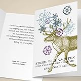4er Set Schöne Unternehmen Weihnachtskarten mit winterlichem Hirsch, mit ihrem Text (Var1) geschäftliche & private Weihnachtsgrüße: Frohe Weihnachten & einen erfolgreichen Start ins neue Jahr