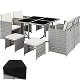 TecTake 800820 Poly Rattan Sitzgruppe Cube | inkl. Schutzhülle & Edelstahlschrauben | 4 Stühle 1 Tisch 4 Hocker - Diverse Farben - (Hellgrau | Nr. 403734)
