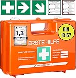 Erste Hilfe Kasten mit Inhalt nach neuer DIN 13157:2021 I Erste Hilfe Koffer inkl. praktischer Wandhalterung, 5x Aufkleber & Plombe I Verbandskasten für Betriebe, Einrichtungen & Z