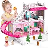 Doloowee puppenhaus Traumhaus Möbel Rosa Mädchen Spielzeug, 2-Stories 3 Zimmer Puppenhaus mit 2 Prinzessinnen Dia Zubehör, Kleinkind Spielhaus Geschenk