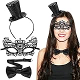 Zkaoai Mini Zylinder Hut mit Haarreif, Mini Top Hut Zirkusdirektor Hut, Karneval Haarschmuck Enthalten Schwarz Fliege und Spitze Maske für Karneval Abschlussball Party Hochzeit Accessoire Kopfschmuck