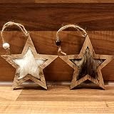 Sterne mit Fell in weiß oder braun 10cm Ø aus Holz zum Aufhängen inkl. Kordel sehr schöne Weihnachts-Dekoration z.B. am Fenster (2er Set)