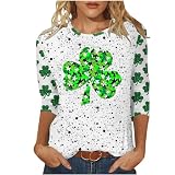 St. Patrick's Day 3/4 Ärmel Pullover FüR Damen O-Ausschnitt T-Shirt Lässiges Grünem Hut Bedruck Langarmshirt Irischer Grünem Hut Basic Tee Tops Oberteile Irish Festival Kostüm Laufshirt für F