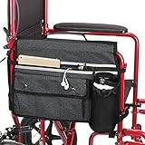 Rollstuhl-Organizer-Aufbewahrungstasche, doppelseitige Armlehnentasche mit Getränkehalter und Reflexstreifen, für Rollstühle und Gehhilfen (Schwarz)