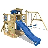 WICKEY Spielturm Klettergerüst Smart Camp mit Schaukel & Blauer Rutsche, Outdoor Kinder Kletterturm mit Sandkasten, Leiter & Spiel-Zubehör für den Garten