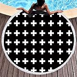 NOBRAND Mikrofaser-Strandtuch, rund, großes Badetuch für Erwachsene und Kinder, Sommer-Toalla, schwarzes Kreuz, bedruckte Quaste, Strandtuch