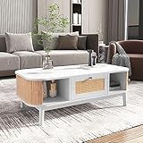 Merax Couchtisch, Moderner Kaffeetisch mit Schubladen und Schiebetüren aus Massivholzplatten, Wohnzimmertisch mit Stauräume, Multifunktionaler Beistelltisch Sofatisch, Landhausstil, Natur & Weiß