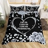 Valentinstag Paar Tröster Abdeckung Schwarz Grau Romantische Worte Rose Floral Bettwäsche Set 200x200 für Erwachsene Männer Frauen Diamant Liebe Herzen Bettbezug Jubiläum Grüße Bett S