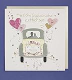 Hochzeit Grußkarte Handmade Applikation Glückwünsche Just Married Hochzeit Auto mit Herzen 21x21cm Plus 4 Sticker