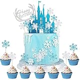 HCRXVV Schloss Tortendeko Mädchen,Frozen Glitter Geburtstagsdeko mit Schneeflocke Tortenfigur,Ice Blue Silber Cup Cake Topper für Kinder Weinachtsdekorationen Tortenaufleger Weihnachten Kuchen Deko