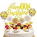 Feelairy Cake Topper Happy Birthday Frau Mann, Glitter Tortendeko Happy 60th Birthday Gold, Kuchen Deko Konfetti Luftballons und Papierfächer, Tortenaufsatz für 60. Geburtstag Party Zubehör