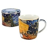 CARMANI - Porzellanbecher für Tee oder Kaffee in einer Metalldose Tee Kaffee Zuckerdose Aufbewahrungsbox mit Deckel bedruckt mit Vincent Van Gogh, Café Terrasse bei Nacht