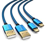 2X 2m Nylon PS4 Ladekabel für Playstation 4 Controller, Micro USB Kabel, Micro USB Ladekabel, Mikro USB, Stoffmantel, Aluminium Stecker, blau-schwarz