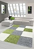 Shaggy Teppich Hochflor Langflor Teppich Wohnzimmer Teppich Gemustert in Karo Design Grün Grau Creme Größe 160x230 cm
