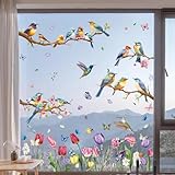Hianjoo Fensterbilder Frühling Deko Selbstklebend, Vogel Blumen Aufkleber Fenster Fensterbilder Kinder, Fenstersticker Fensterfolie Wiederverwendbar für Fensterdek