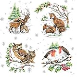 20 Servietten Tierfamilien im Winter | Fuchs | Eule | Reh | Hirsch | Vögel 33x33cm