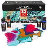 ARTEZA Pouring Acrylfarbe, 32 Stück-Set, 60 ml Flaschen mit vielen Farbtönen, flüssige Gießfarbe, kein Mischen erforderlich, Farbe zum Gießen auf Leinwand, Glas, Papier, Holz, Fliesen und Steine