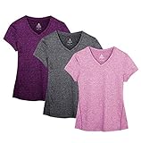 icyzone Damen Sport Fitness T-Shirt Kurzarm V-Ausschnitt Laufshirt Shortsleeve Yoga Top 3er Pack (L, Charcoal/Red Bud/Pink)