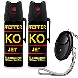 Buyemo Pfefferspray KO Jet | Fog 40ml | 50ml Abwehrspray mit Panikalarm Schlüsselanhänger, Personal Alarm Security Alarm 140 dB Ultra Laut mit LED-Licht (2X KO Jet 50 ML 1x Taschenalarm Schwarz)