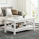 YITAHOME Couchtisch, Wohnzimmertisch, 2-stöckiger Dicker Holz Rechteckiger Couchtisch, X-Form Metal Side Support, Stabil 100x55,3x45cM (Weiß)