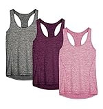 icyzone Damen Sporttop Yoga Tank Top Ringerrücken Oberteil Laufen Fitness Funktions Shirt, 3er Pack (S, Charcoal/Red Bud/Pink)