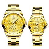 JewelryWe Paar Uhren Leuchtend Edelstahl: 2pcs 30m Wasserdicht Analog Quarz Pärchen Armbanduhr Drei Augen Gold Edelstahlarmband Partneruhren Freundschaftsuhren mit Gold Diamant-Balkenskala Zifferb