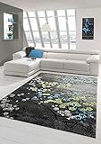 Designer Teppich Moderner Teppich Wohnzimmer Teppich Blumenmotiv Grau Türkis Grün Weiss Größe 160x230