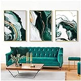 QIAOO Mode Leinwand Bild, Moderne abstrakte dunkelgrüne Goldfolie Linien Marmor Kunst Gemälde, Wohnzimmer Poster Wanddrucke Home Decor No Frame