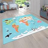 Paco Home Kinder-Teppich Für Kinderzimmer, Spiel-Teppich, Weltkarte Mit Tieren rutschfest In Türkis, Grösse:120x160 cm