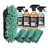 TRAVORA Premium Camper & Caravan Reinigungsset - 6-teiliges Reinigungsset inkl. Bio-Außenreiniger Konzentrat, Insektenentferner, Glasreiniger, Acrylglas Reiniger, Schwamm, 3X M