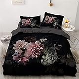 Luowei Bettwäsche Blumen 135x200cm Schwarz Vintage Floral Blüten Bettbezug Set Weiche Microfaser Bettdeckenbezug und 2 Kissenbezug 80 x 80cm für Einzelbett