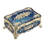 Vintage Schmuckkästen Luxus-Schmuckschatulle Rechteckige Schmuckdose aus Metall Aufbewahrungsbox für Ohrringe Halsketten Ring als Hochzeit Geschenk Deko für Mädchen Damen (Blau)