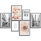 MONOKO® Wohnzimmer Poster Set - Premium Bilder Set für Schlafzimmer - Stilvolle Wandbilder - 6er Set ohne Rahmen (Blumen, Schwarz-weiss, Home, 4x A4 | 2x A5)