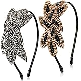 2 Stück 1920er Haarreife Flapper Stirnbänder Damen Haarbänder Blatt Perlen Haarschmuck Vintage Kopfschmuck Accessoires für 20er Jahre Stil Kleid Kostüm (Silber, Schwarz-Gold)