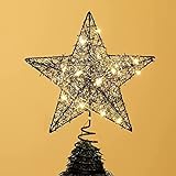 QAZW 10 Zoll Weihnachtsbaum Topper mit 20 LED-Lichtern, Silber Glitzerte Metall Weihnachtsbaum Dekorationen für Home Party Urlaub Winter Weihnachtsdekorationen,Black