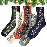 Hemousy Floral Retro-Stil Neuheit Baumwollsocken - 5 Paar/Set Winter-Thermosocken für Damen - Weiche warme Winter-Crew-Socken Gefütterte Dicke Socken für kaltes Wetter
