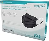 EUROPAPA® Schwarz Medizinisch Type IIR Norm EN14683 TÜV CE zertifizierte Mundschutzmasken OP Masken 3-lagig Mundschutz Gesichtsmaske Einwegmaske BFE ≥ 98%, 1 Box (50 Stück)