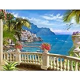 Runa Art Fototapete Balkon zum Meer Italien Modern Vlies Wohnzimmer Schlafzimmer Flur - made in Germany - Blau Grün 9166010a
