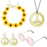 Karjiaja 5 Stücke Hippie Kostüm Set Hippie Accessoires mit 60er Jahre Retro Vintage Brille, Friedenszeichen Halskette Damen und Buntes Hippie Stirnband für 60er 70er 80er Party Verkleiden Zubehörset