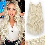 KooKaStyle Unsichtbare Draht-Haarverlängerung mit transparentem Draht, verstellbarer Größe, 4 sicheren Clips, langes, gewelltes, geheimes Haarteil, 50,8 cm, Platinblond für D