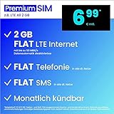 Handytarif PremiumSIM z.B. LTE All 2 GB – (Flat Internet 2 GB LTE, Flat Telefonie, Flat SMS und Flat EU-Ausland, 6,99 Euro/Monat, monatlich kündbar) oder andere Tarife