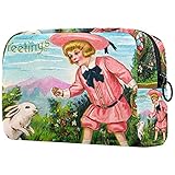 Kosmetiktaschen für Damen, Make-up-Taschen Geräumige Kulturbeutel Reiseaccessoires Geschenke - Vintage Ostergruß Junge und Hase