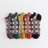 ZAIZAI 5 Paare Damen Bootssocken Plaid Socken Pastorale Stil Damensocken Zwei-Nadel Zwei-Wege-Flacher Mund-Socke (Color : A, Size : One Size)