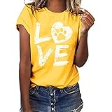 Dog Paw Printed T-Shirt Damen Tops Sommer Kurzarm Basic Pullover Casual Love Letter Motiv Tunika O-Neck Loose Bluse(L,Z1 Gelb)