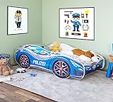 Alcube® Autobett 80x160 cm PKW Polizei mit Lattenrost und Matratze MDF beschichtet - mit Motivfolie beklebtes Spielbett Kinderbett 160x80 cm für kleine Polizisten - Blau