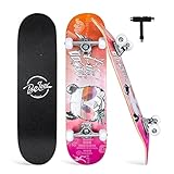 BELEEV Skateboard 31x8 Zoll Komplette Cruiser Skateboard für Kinder Jugendliche Erwachsene, 7-Lagiger Kanadischer Ahorn Double Kick Deck Concave mit All-in-one Skate T-Tool für Anfäng