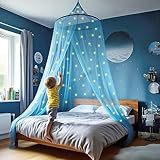 Blaues Betthimmel mit vorgeklebten leuchtenden Sternen - Prinzessinen Moskitonetz für Mädchen Zimmerdekoration Blau - Himmelbett Vorhänge für Kinder und Baby Bett