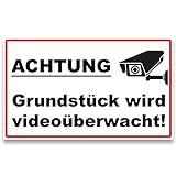 Warnschild Videoüberwachung aus Aluminiumverbund - inkl. Schrauben - Schild „Achtung, Grundstück Wird videoüberwacht!“ - 30 x 18 cm, 3 mm stark