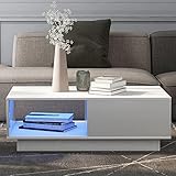 Couchtisch mit LED-Licht, moderner Hochglanz-Sofatisch, Couchtisch, rechteckiger weißer Wohnzimmertisch, 15 Farben für Teetisch, Haushaltsdekoration (99 x 55 x 32 cm)